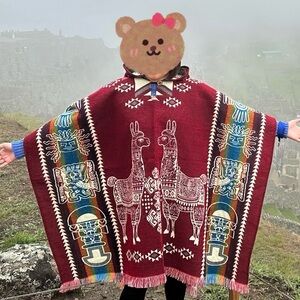 Unisex Alpaca Wool Poncho. (Red Alpaca) One Size Exclusively Handcrafted